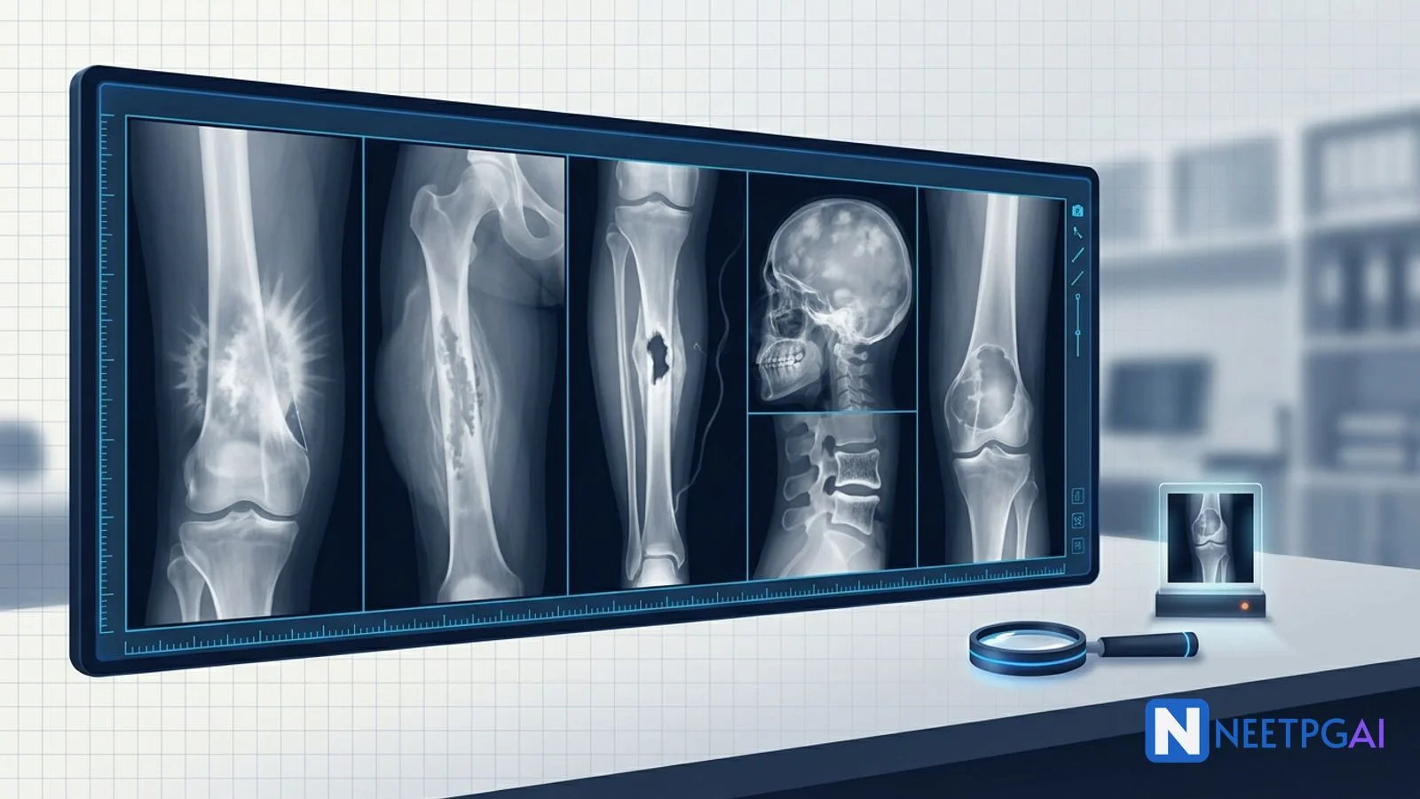 Image MCQ: Bone X-Ray Pathology for NEET PG (Osteosarcoma, Ewing Sarcoma, Osteomyelitis, Paget Disease, Giant Cell Tumor)