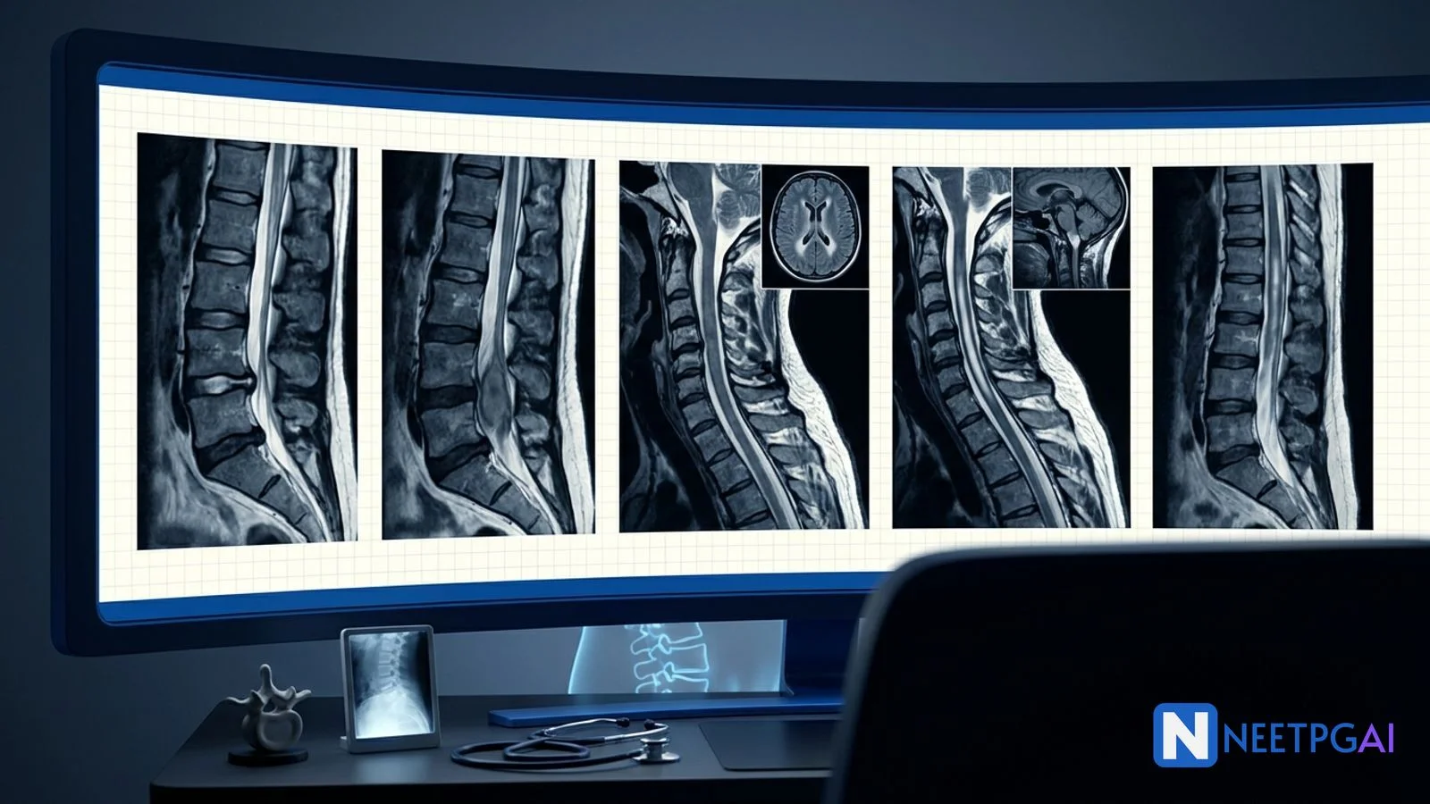 Image MCQ: MRI Spine Common Findings for NEET PG (Disc Prolapse, Cord Compression, MS Plaques, Syringomyelia, Transverse Myelitis)