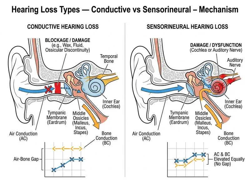 Hearing Loss Types — Conductive vs Sensorineural diagram