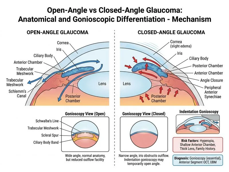 Open-Angle vs Closed-Angle Glaucoma: Anatomical and Gonioscopic Differentiation diagram