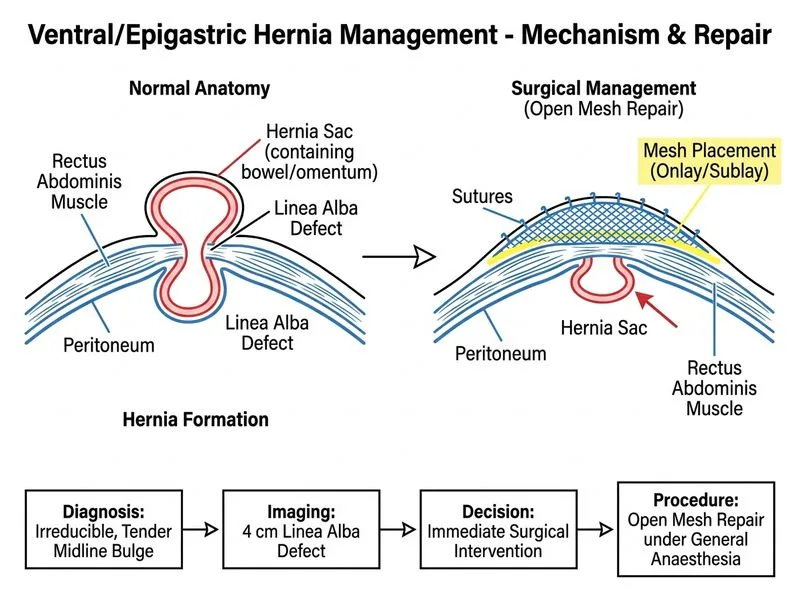 Ventral/Epigastric Hernia Management diagram