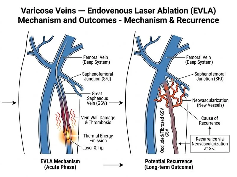 Varicose Veins — Endovenous Laser Ablation (EVLA) Mechanism and Outcomes diagram