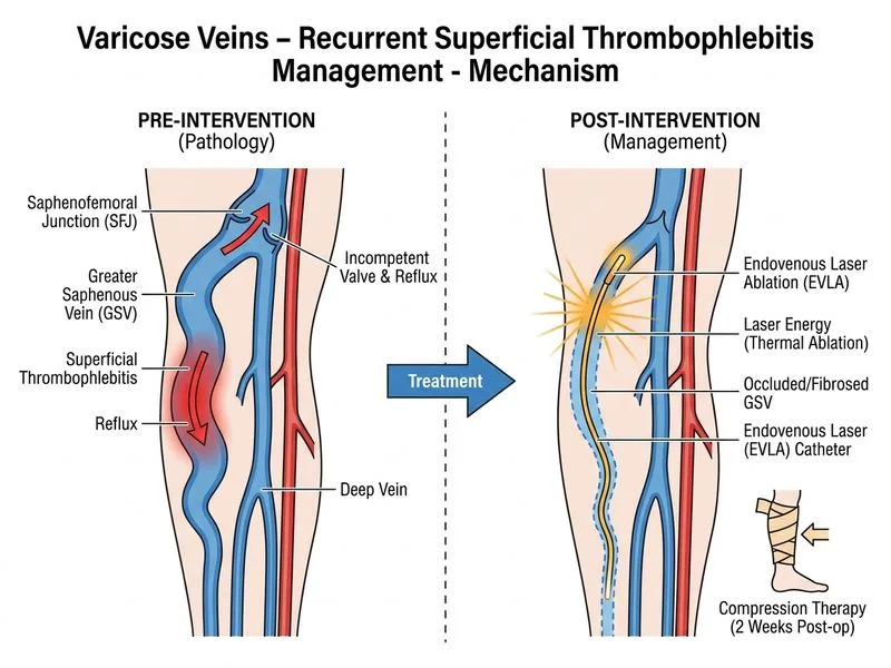 Varicose Veins – Recurrent Superficial Thrombophlebitis Management diagram