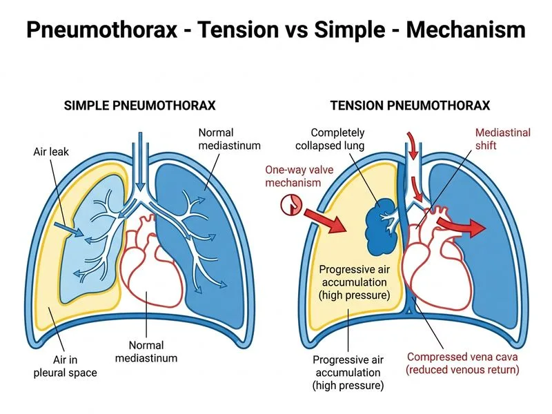 Pneumothorax - Tension vs Simple diagram