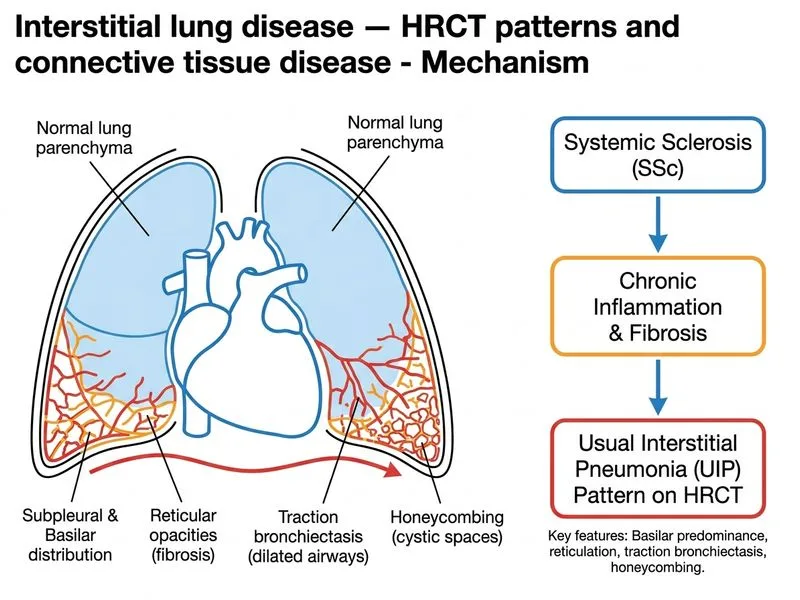 Interstitial lung disease — HRCT patterns and connective tissue disease diagram