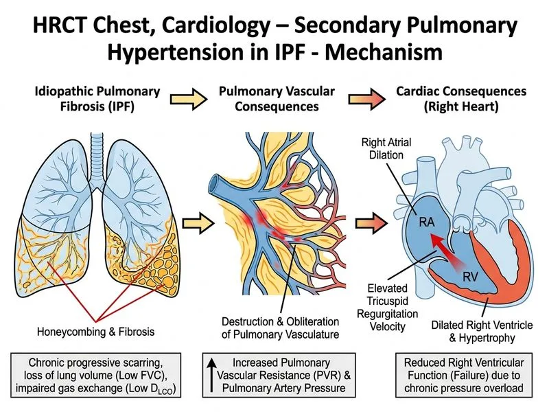 HRCT Chest, Cardiology – Secondary Pulmonary Hypertension in IPF diagram