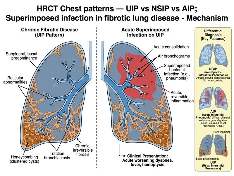 HRCT Chest patterns — UIP vs NSIP vs AIP; Superimposed infection in fibrotic lung disease diagram