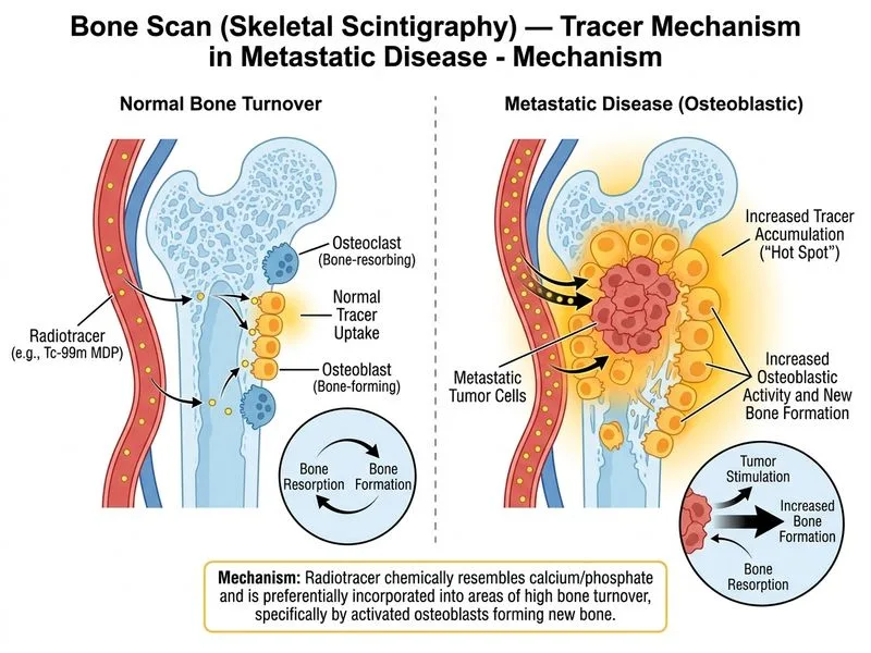 Bone Scan (Skeletal Scintigraphy) — Tracer Mechanism in Metastatic Disease diagram