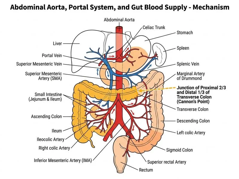 Abdominal Aorta, Portal System, and Gut Blood Supply diagram