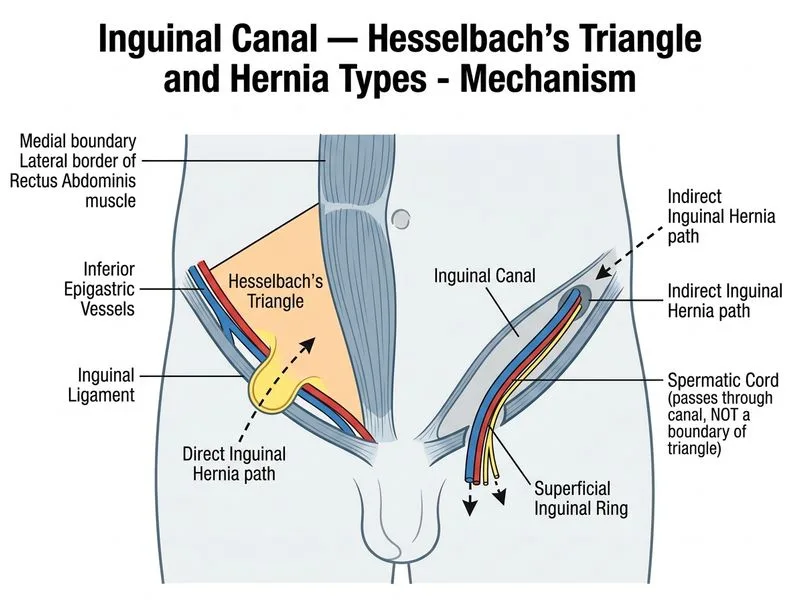 Inguinal Canal — Hesselbach's Triangle and Hernia Types diagram