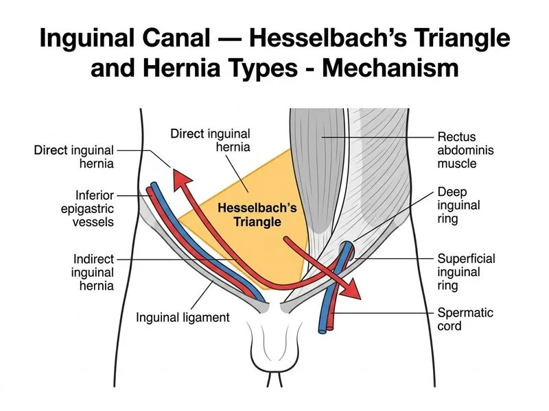 Inguinal Canal — Hesselbach's Triangle and Hernia Types diagram