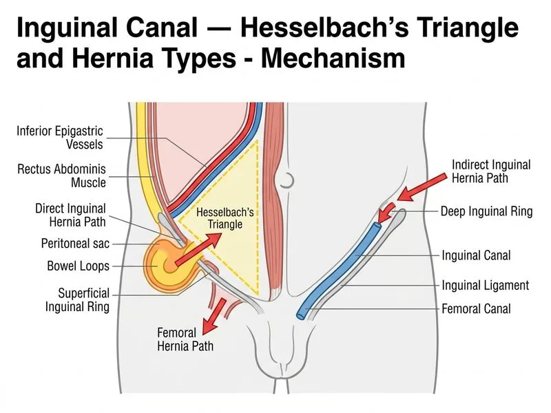 Inguinal Canal — Hesselbach's Triangle and Hernia Types diagram