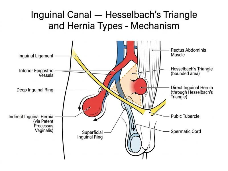 Inguinal Canal — Hesselbach's Triangle and Hernia Types diagram