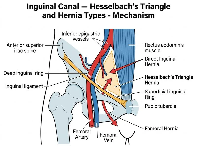 Inguinal Canal — Hesselbach's Triangle and Hernia Types diagram