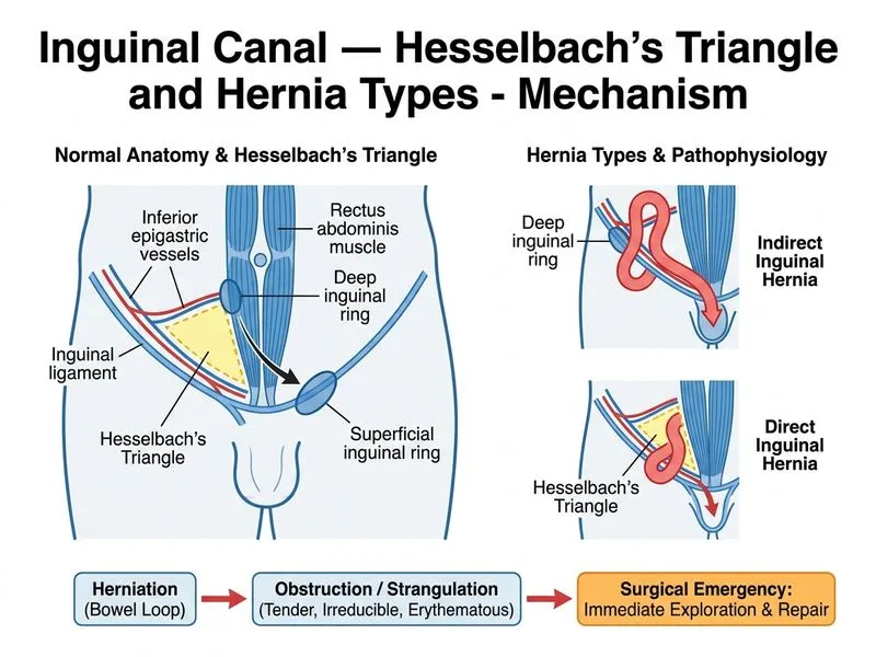 Inguinal Canal — Hesselbach's Triangle and Hernia Types diagram