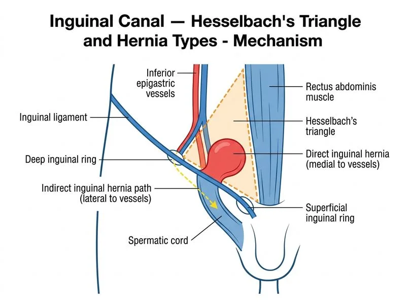 Inguinal Canal — Hesselbach's Triangle and Hernia Types diagram
