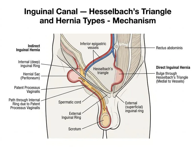 Inguinal Canal — Hesselbach's Triangle and Hernia Types diagram