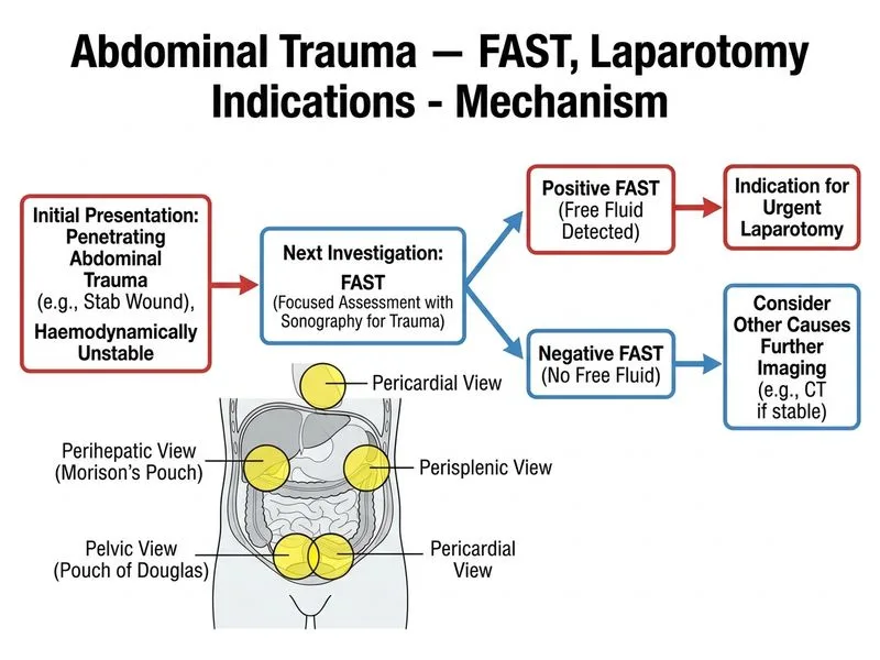 Abdominal Trauma — FAST, Laparotomy Indications diagram