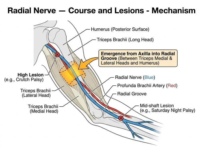 Radial Nerve — Course and Lesions diagram