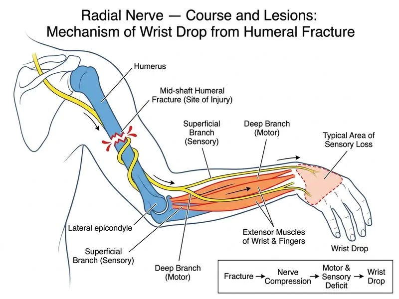 Radial Nerve — Course and Lesions diagram