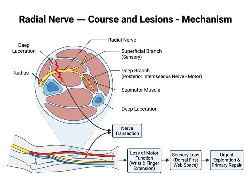 Radial Nerve — Course and Lesions diagram