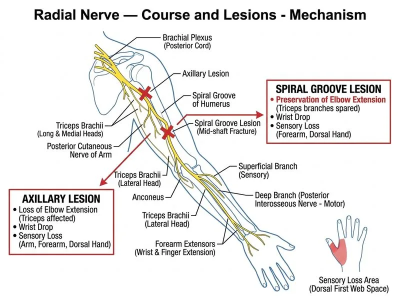 Radial Nerve — Course and Lesions diagram