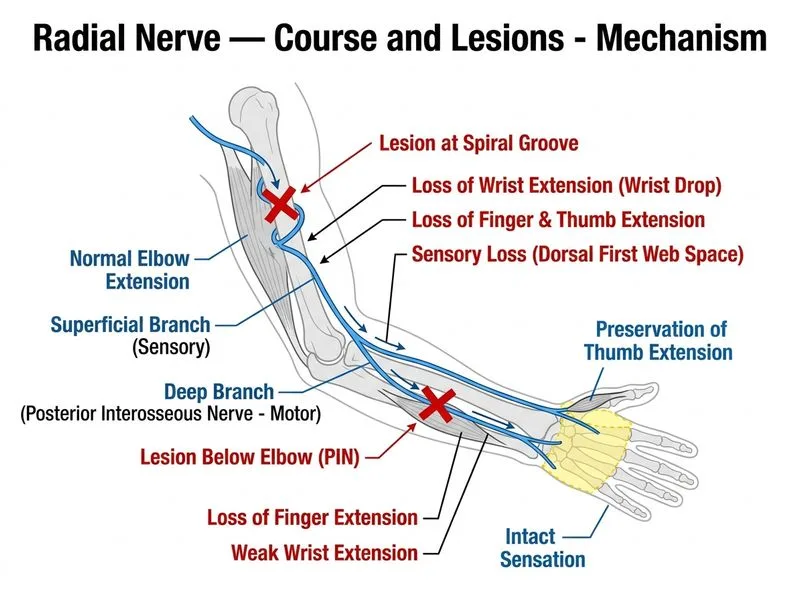 Radial Nerve — Course and Lesions diagram