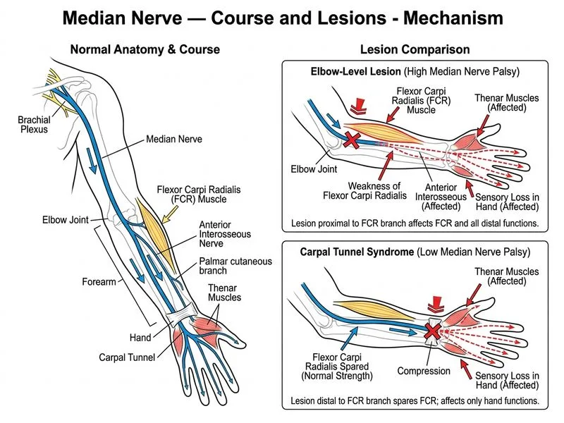Median Nerve — Course and Lesions diagram