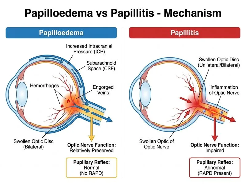 Papilloedema vs Papillitis diagram