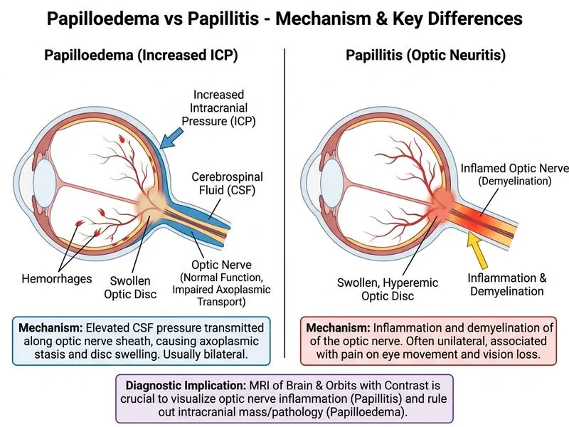 Papilloedema vs Papillitis diagram