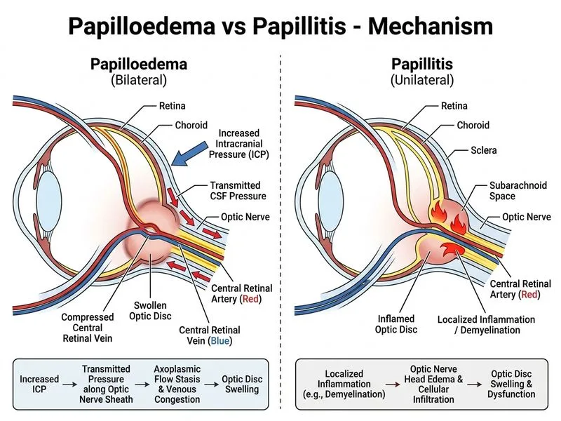 Papilloedema vs Papillitis diagram