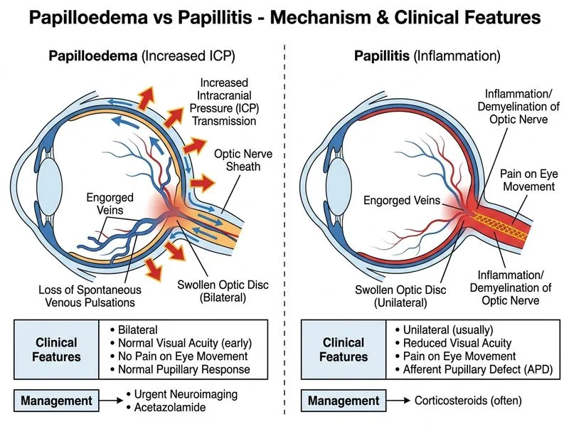 Papilloedema vs Papillitis diagram