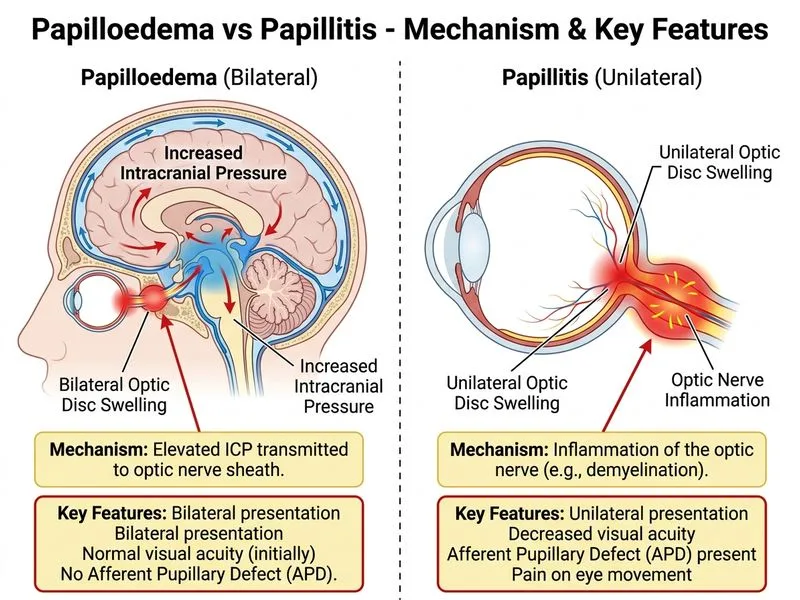 Papilloedema vs Papillitis diagram