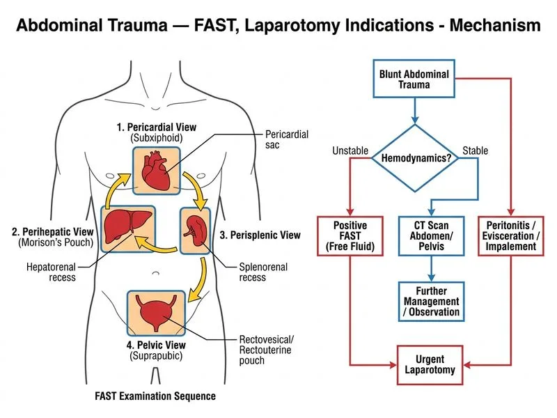 Abdominal Trauma — FAST, Laparotomy Indications diagram