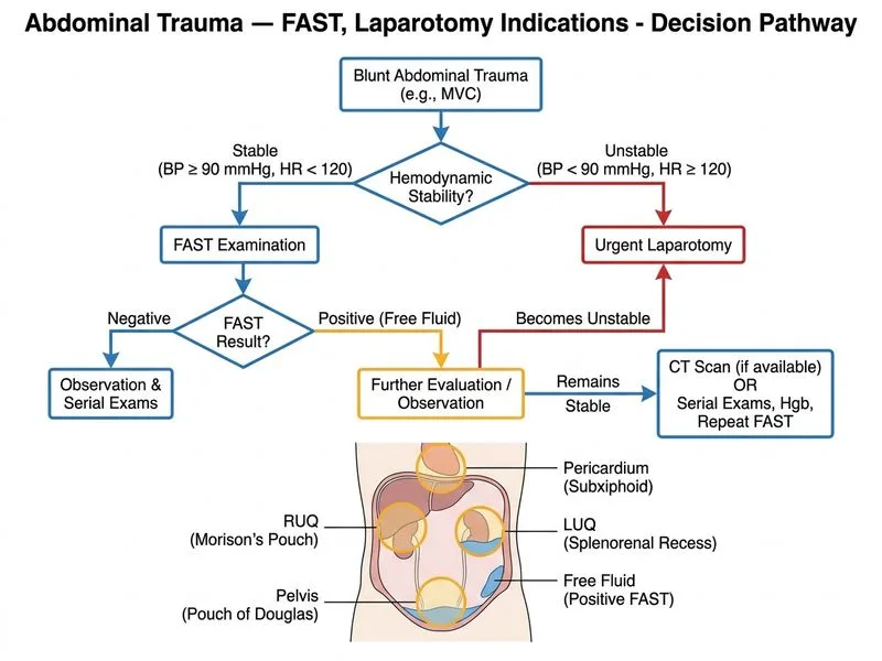 Abdominal Trauma — FAST, Laparotomy Indications diagram