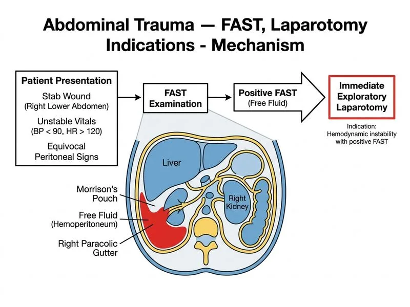 Abdominal Trauma — FAST, Laparotomy Indications diagram