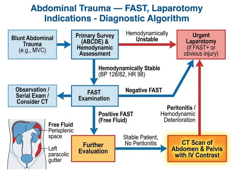 Abdominal Trauma — FAST, Laparotomy Indications diagram