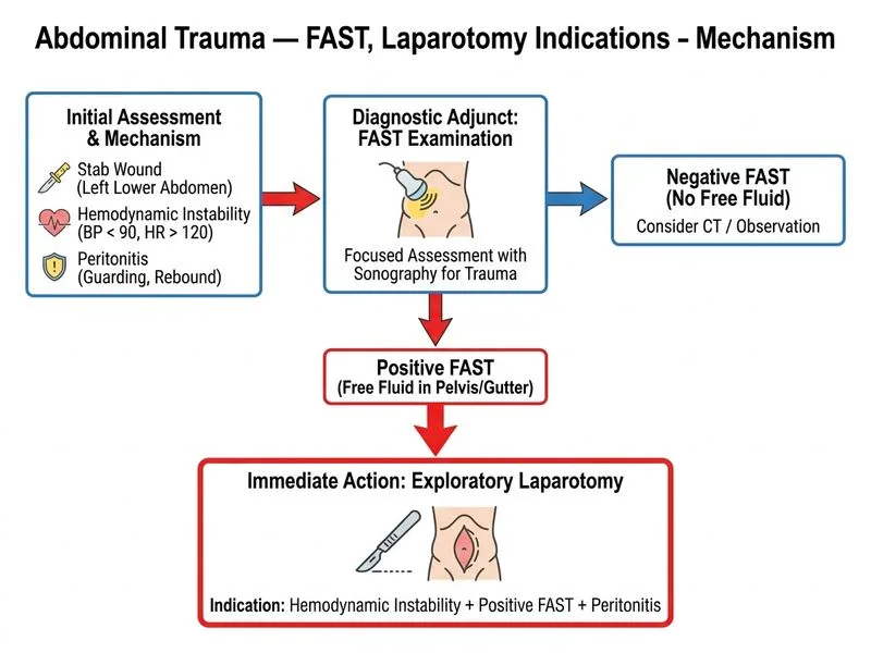 Abdominal Trauma — FAST, Laparotomy Indications diagram