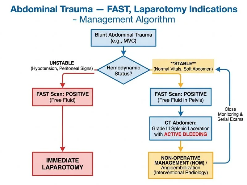 Abdominal Trauma — FAST, Laparotomy Indications diagram