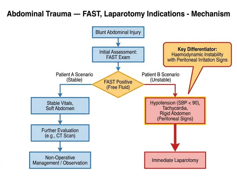 Abdominal Trauma — FAST, Laparotomy Indications diagram