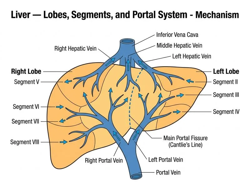 Liver — Lobes, Segments, and Portal System diagram