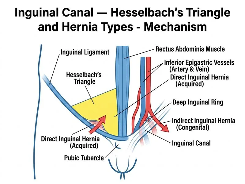 Inguinal Canal — Hesselbach's Triangle and Hernia Types diagram