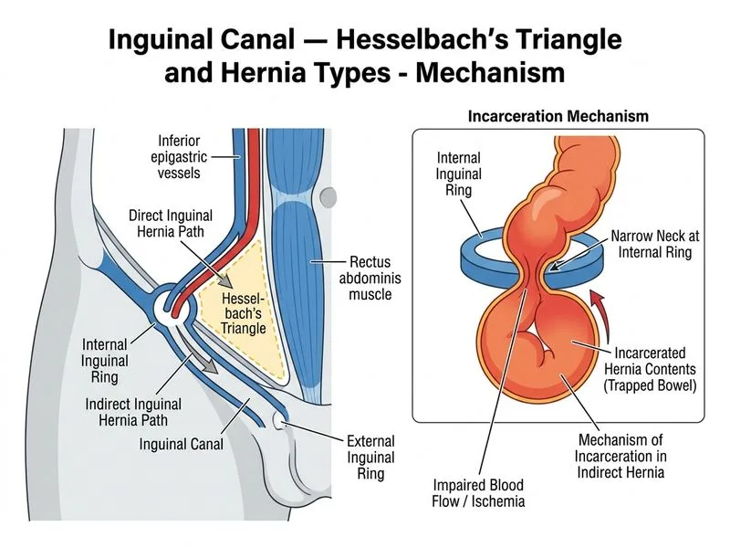Inguinal Canal — Hesselbach's Triangle and Hernia Types diagram