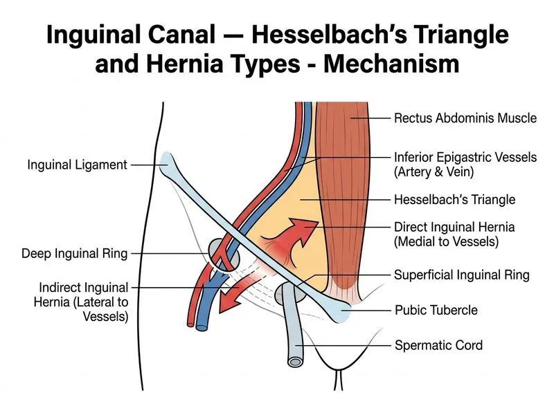 Inguinal Canal — Hesselbach's Triangle and Hernia Types diagram