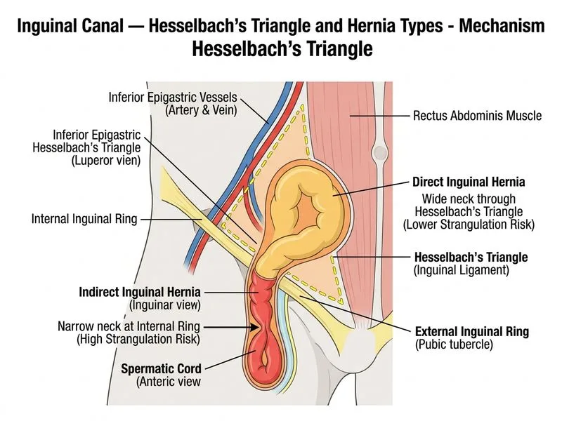 Inguinal Canal — Hesselbach's Triangle and Hernia Types diagram