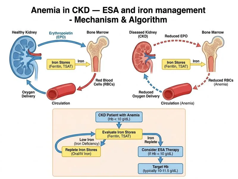 Anemia in CKD — ESA and iron management diagram