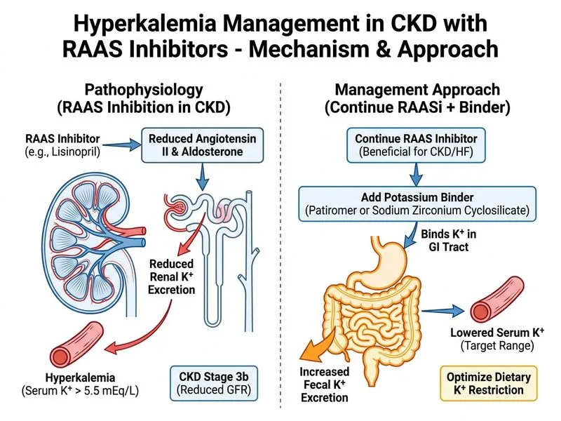 Hyperkalemia management in CKD with RAAS inhibitors diagram