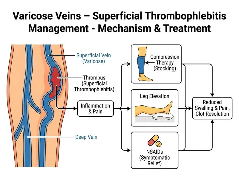 Varicose Veins – Superficial Thrombophlebitis Management diagram