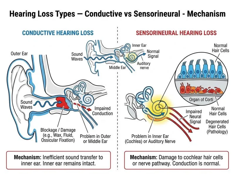 Hearing Loss Types — Conductive vs Sensorineural diagram