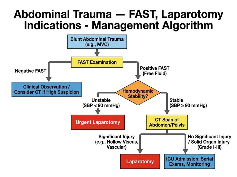 Abdominal Trauma — FAST, Laparotomy Indications diagram